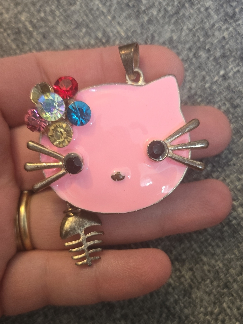 Pink Enamel Cat Pendant Necklace for Kids with Multicolor Gem Accents